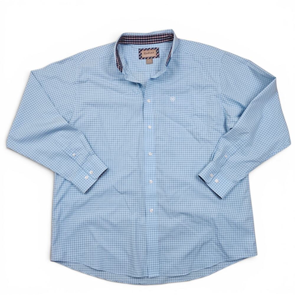 ARIAT Wrinkle Free Button-Down Shirt Men's XL Blue Check Western Ranch Cowboy